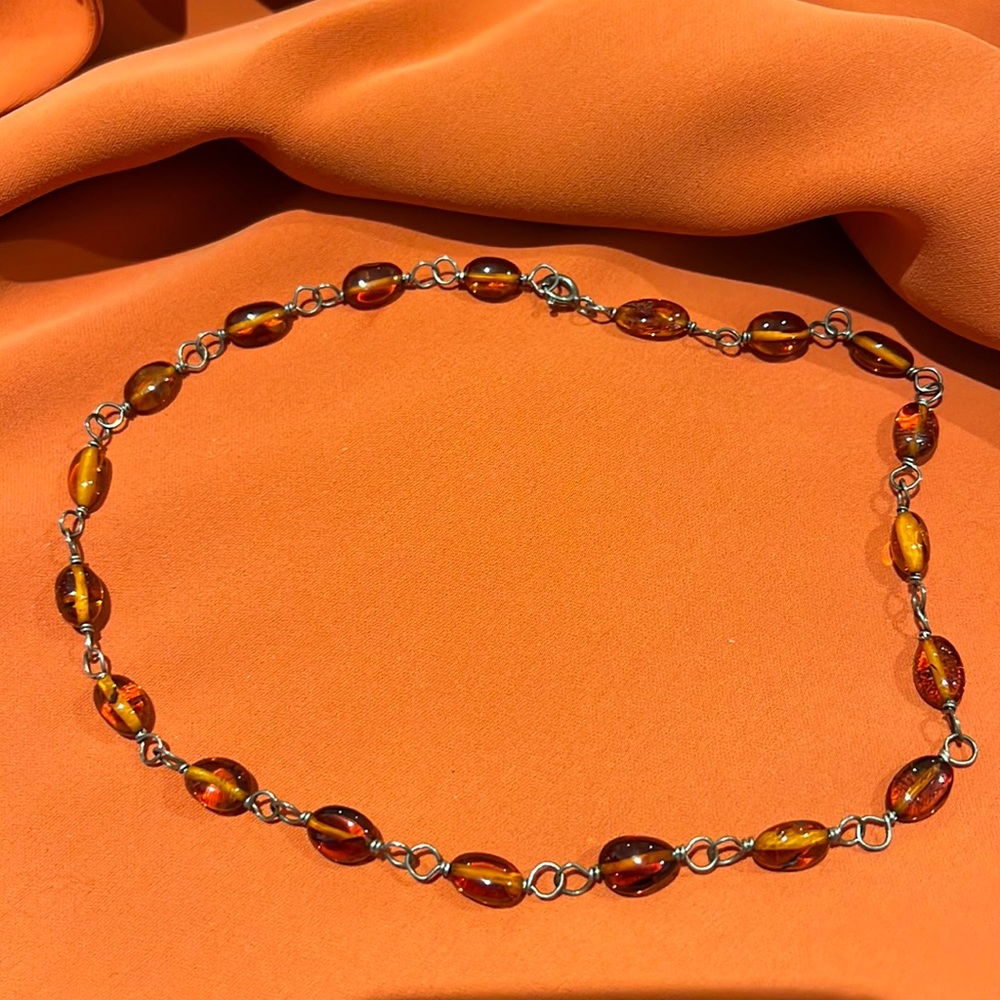 Amber beaded chain, sterling silver